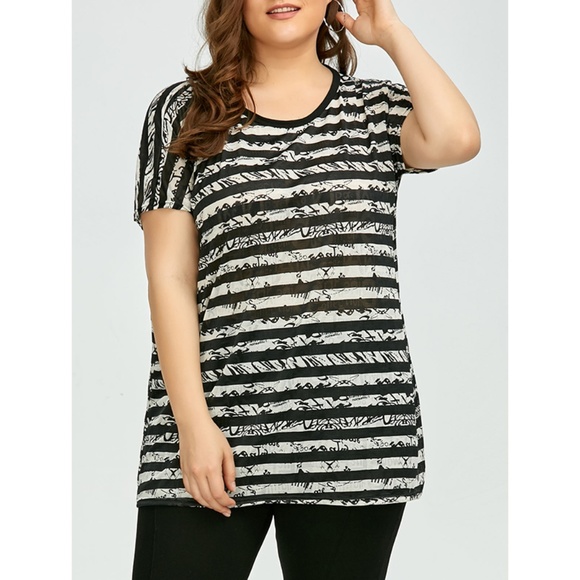 ♠ Plus Size Scribble Striped Long Tee - Black ♠ - Picture 1 of 8